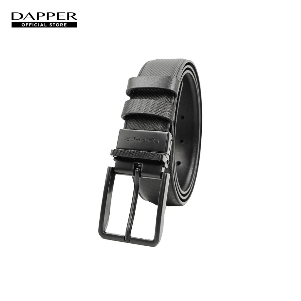 DAPPER เข็มขัดหนังแท้ Diagonal Reversible Pin Buckle Belt แบบใส่ได้ 2 ด้าน สีดำ (BBC/BK/1952PN)