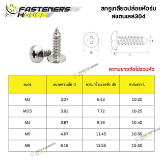 สกรูเกลียวปล่อยหัวร่ม สแตนเลส304 หัวกะทะ หัวร่มแฉก T+ ขนาด M5 (5มิล) ความยาววัดไม่รวมหัว 10-40 มิล สินค้าอยู่ที่ไทย
