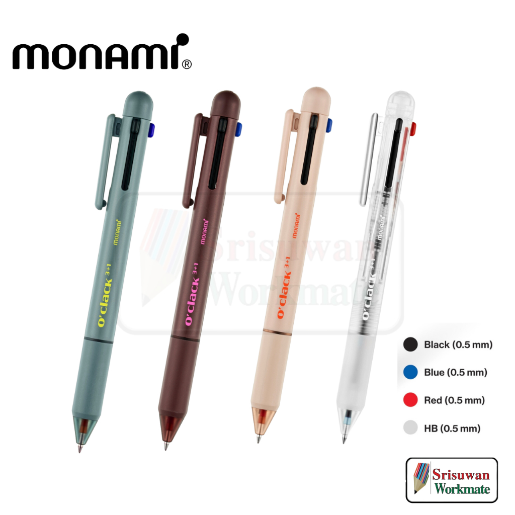 Monami O'Clack คละสี 1 ด้าม ปากกาลูกลื่น 3+1 ระบบ หมึกน้ำเงิน ดำ แดง ดินสอกด ยางลบ โมนามิ