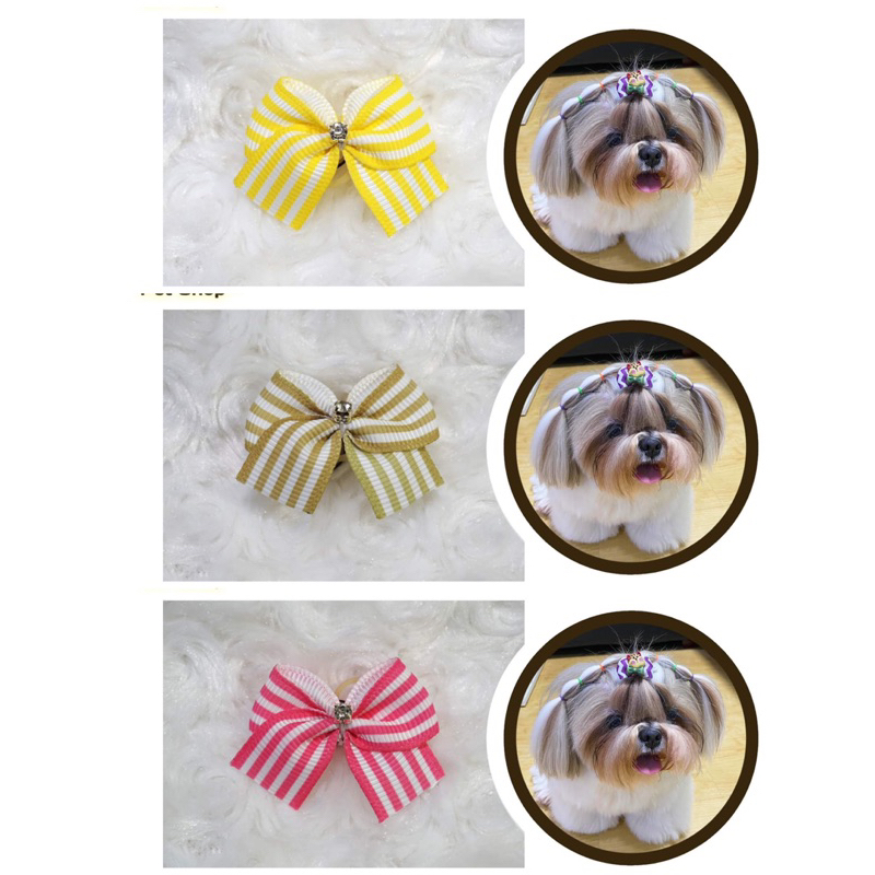 กิ๊บสุนัข ลายทางประดับเพชร มี9สี ขนาด3.5cm ด้านหลังเป็นยางอเมริกา (ขายเป็นคู่) - รูปที่ 3