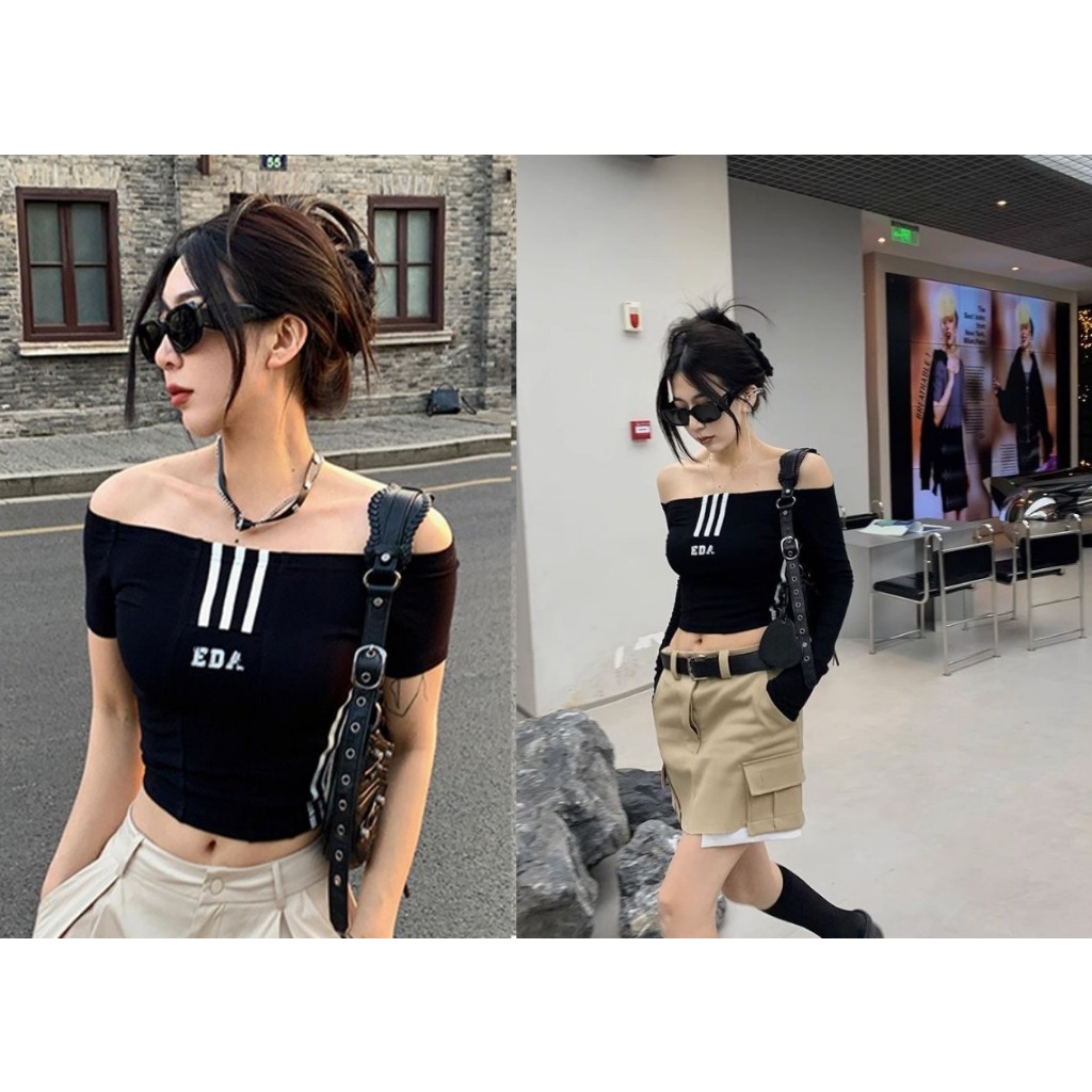 พร้อมส่ง GR020 เสื้อยืดครอปเปิดไหล่โชว์ไหล่ปาดไหล่แขนสั้น-แขนยาวสีดำสไตล์เกาหลี