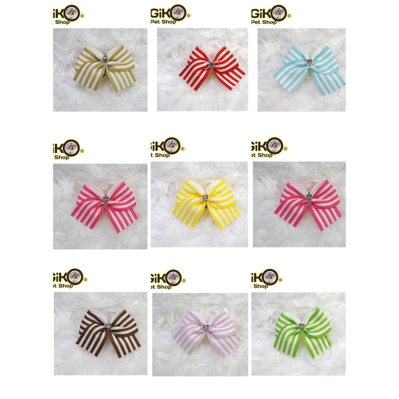 กิ๊บสุนัข ลายทางประดับเพชร มี9สี ขนาด3.5cm ด้านหลังเป็นยางอเมริกา (ขายเป็นคู่)
