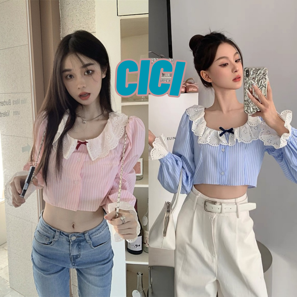 ส่งทันที Cici(NO. 3156)เสื้อครอปเเขนยาว กระดุมหน้า ดีเทลแต่งฉลุลูกไม้ ลายพาสเทล สไตล์สาวหวานเอยหวานใจ