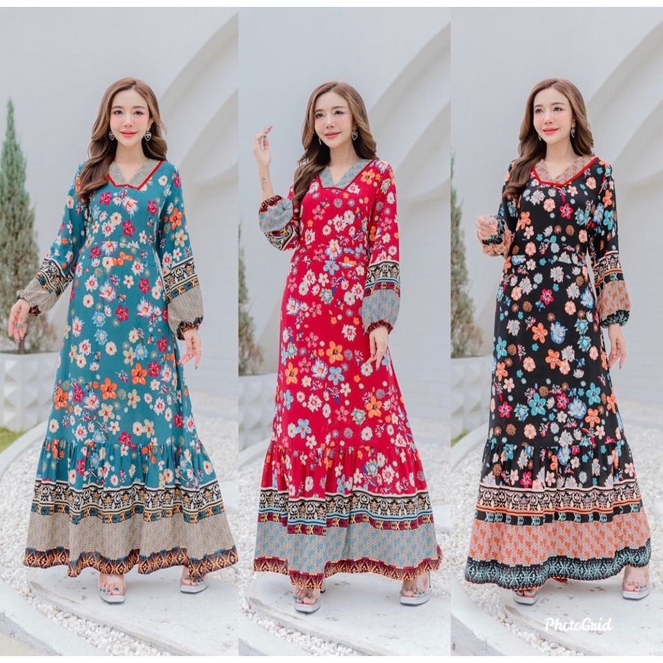 พร้อมส่งในไทย ชุดเดรสยาวไซส์ใหญ่ผ้าพิมพ์ลายดอกไม้สไตล์โบฮีเมียน ใส่เที่ยวทะเลใส่ออกงานตรีมบริษัท เสื้อผ้าทีม