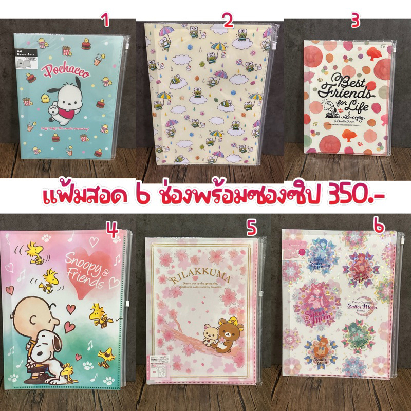 แฟ้มเอกสาร 6 ช่องพร้อมซองซิปใส sanrio sailormoon snoopy