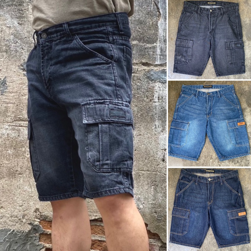 Winsmanกางเกงยีนส์ขาสั้นคาร์โก้กระเป๋าข้างผ้าcotton100%ผ้าเนื้อนุ่มใส่สบายเป้าซิป