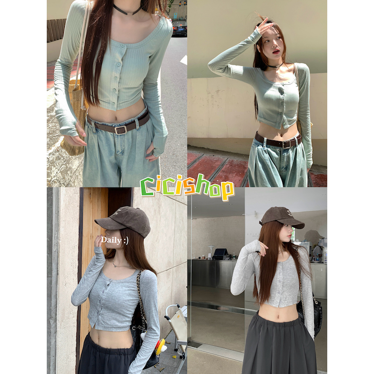 Cicishop(XS3120)เสื้อครอปแขนยาว ผ้าไหมพรม กระดุมหน้า ดีเทลแขนเสื้อเเต่งขาดรูนิ้วมือ สไตล์Y2K