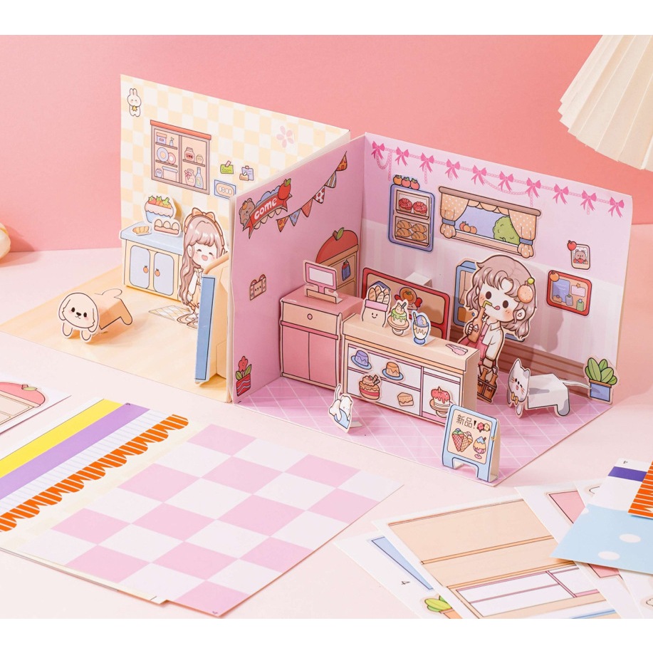 หนังสือสติกเกอร์ สามมิติ กระดาษ แฮนด์เมด diy ของเล่นสําหรับเด็กผู้หญิง ลายการ์ตูน บ้านตุ๊กตากระดาษ เด็กผู้หญิง 2 ฉาก