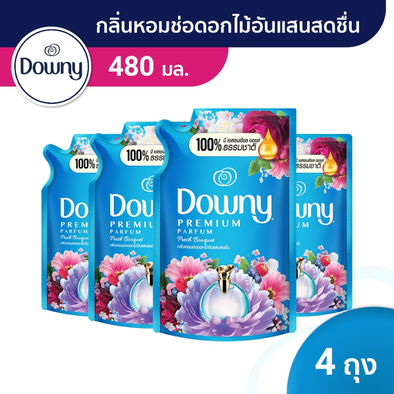 [แพคสุดคุ้ม] Downy ดาวน์นี่ น้ำยาปรับผ้านุ่มสูตรเข้มข้น ถุงเติม กลิ่นช่อดอกไม้อันแสนสดชื่น 480 มล x4 แพ็ค Softener