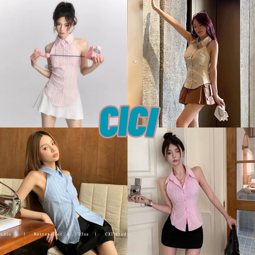 ส่งทันที Cici(NO. 3166)เสื้อแขนกุดคอปก กระดุมหน้า ดีเทลเชือกผูกด้านหลัง เนื้อผ้าเบาบาง ไม่ร้อน สไตล์Y2K