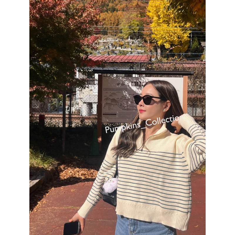 Homi knitting 🍁🍂 เสื้อไหมพรมแขนยาวลายทางครีม เขียว