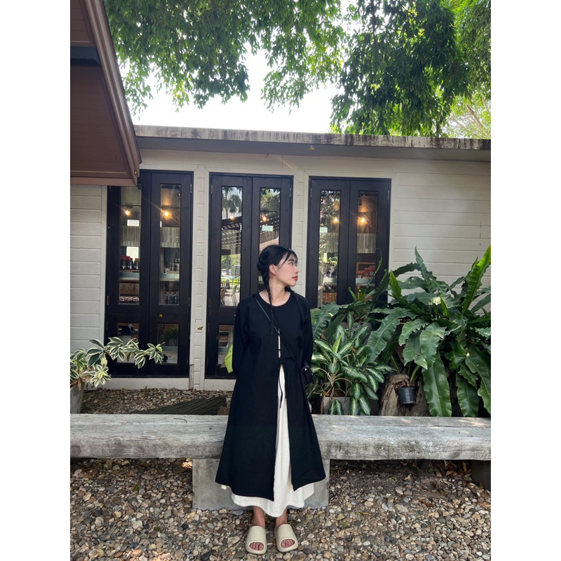 Nava🍿(ขายแยกชิ้นนะคะ) เดรสแขนยาวผ่าหน้าผูกเชือกผ้าฝ้าย