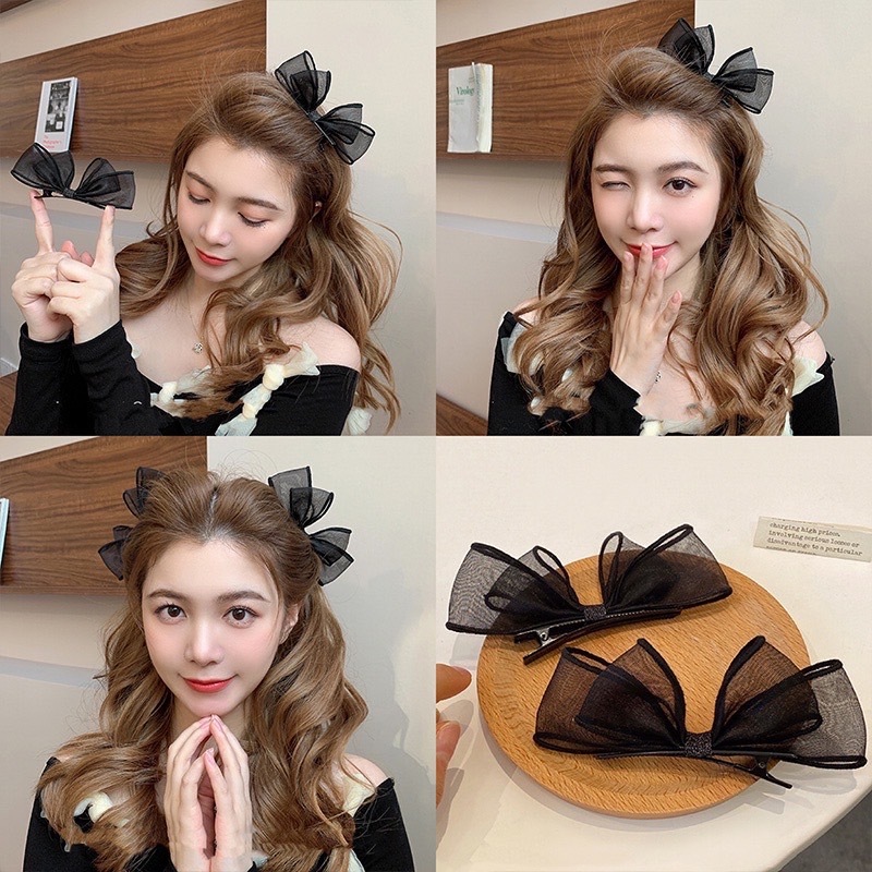 E136 กิ๊บติดผม ประดับโบว์สีดำ ผ้าตาข่าย น่ารัก สไตล์เกาหลี 1 ชิ้น