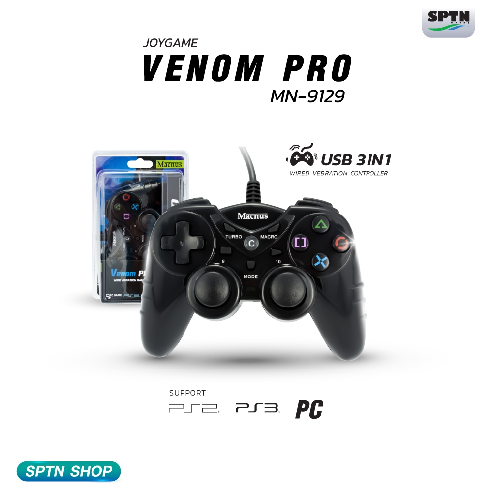 จอยเกมส์ MACNUS JOYGAME รุ่น MN-9129 VENOM PRO PS3/PS2/PC USB 3IN1 WIRED VEBRATION CONTROLLER BLACK