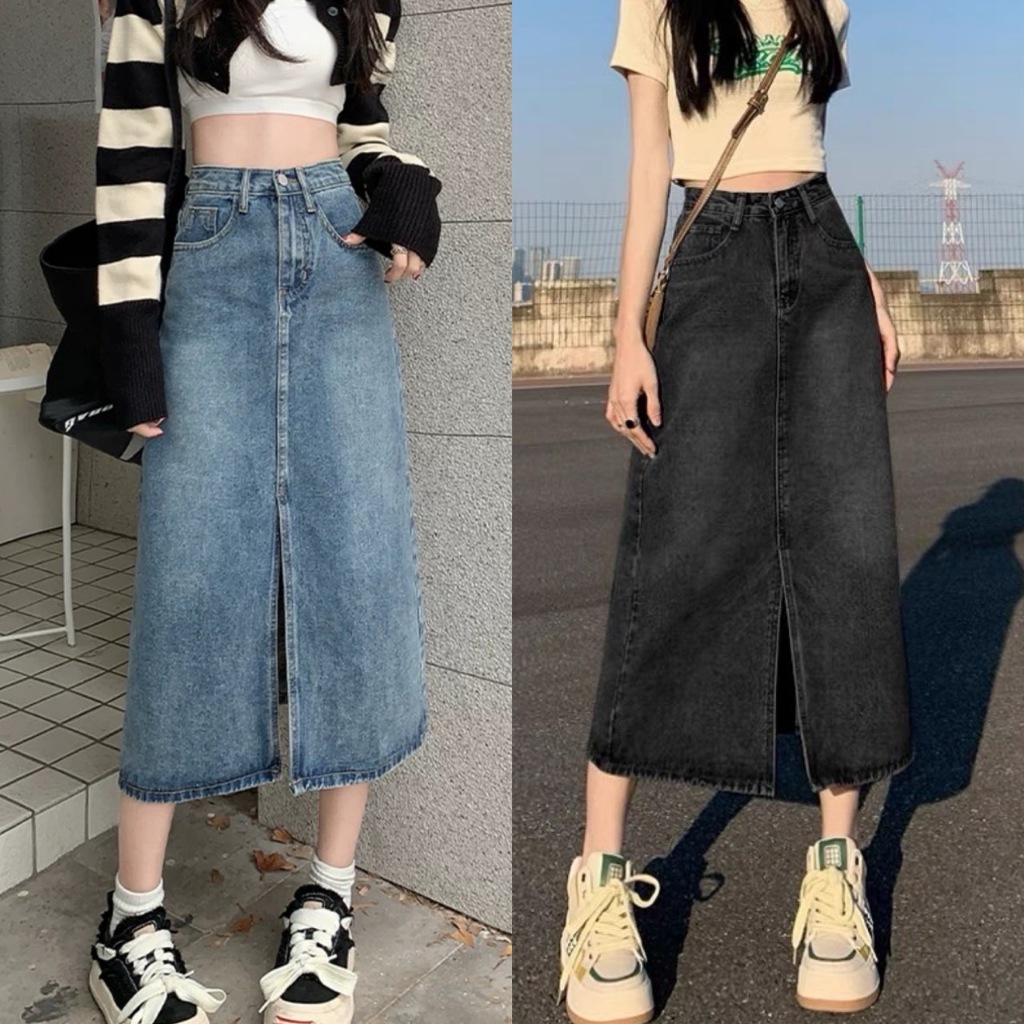 กระโปรงยีนส์ยาว เอวสูง ผ่าหน้า XS-8XL กระโปรงยาวสไตล์เกาหลี