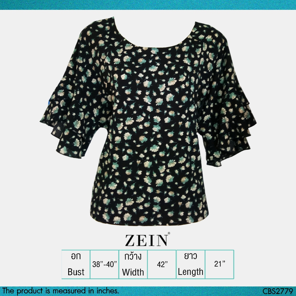 💖USED Zein - Black Floral Ruffle Top | เสื้อแขนสั้นสีดำ สีฟ้า เสื้อแขนระบาย ลายดอก ระบาย ทรงใหญ่ ทำงาน สาวอวบ แท้ มือสอง