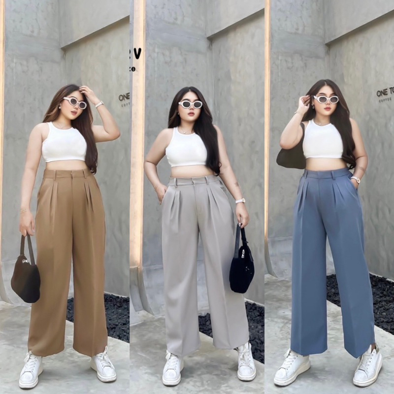 (LC) กางเกงขายาว ตะขอหน้า เอวสูง ทรงขากระบอก ดีเทลเรียบหรู ใส่เที่ยว ใส่ทำงาน เสื้อผ้าสาวอวบอ้วน พลัสไซส์ ไซส์ใหญ่