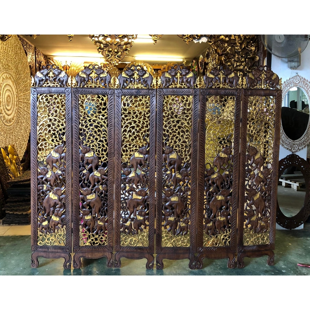 (ขนาดใหญ่) ฉากไม้สัก สูง 180 ซม. รูปช้างแกะสลัก ประตูไม้สัก กว้างยืดสุด 210 ซม. 6 พับ ฉลุ 2 ด้าน Wooden Carved Elephant