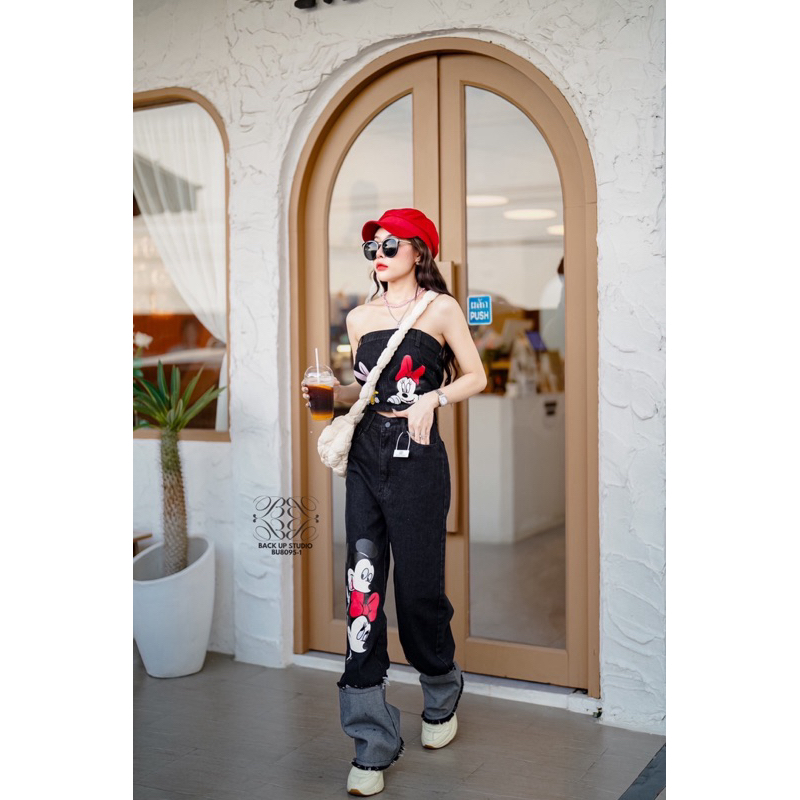 เซทยีนส์ เกาะอก+กางเกงขายาว เอวสูง สกรีนลายมิกกี้เมาส์ สไตล์รุ่นใหม่ 8095 - รูปที่ 4