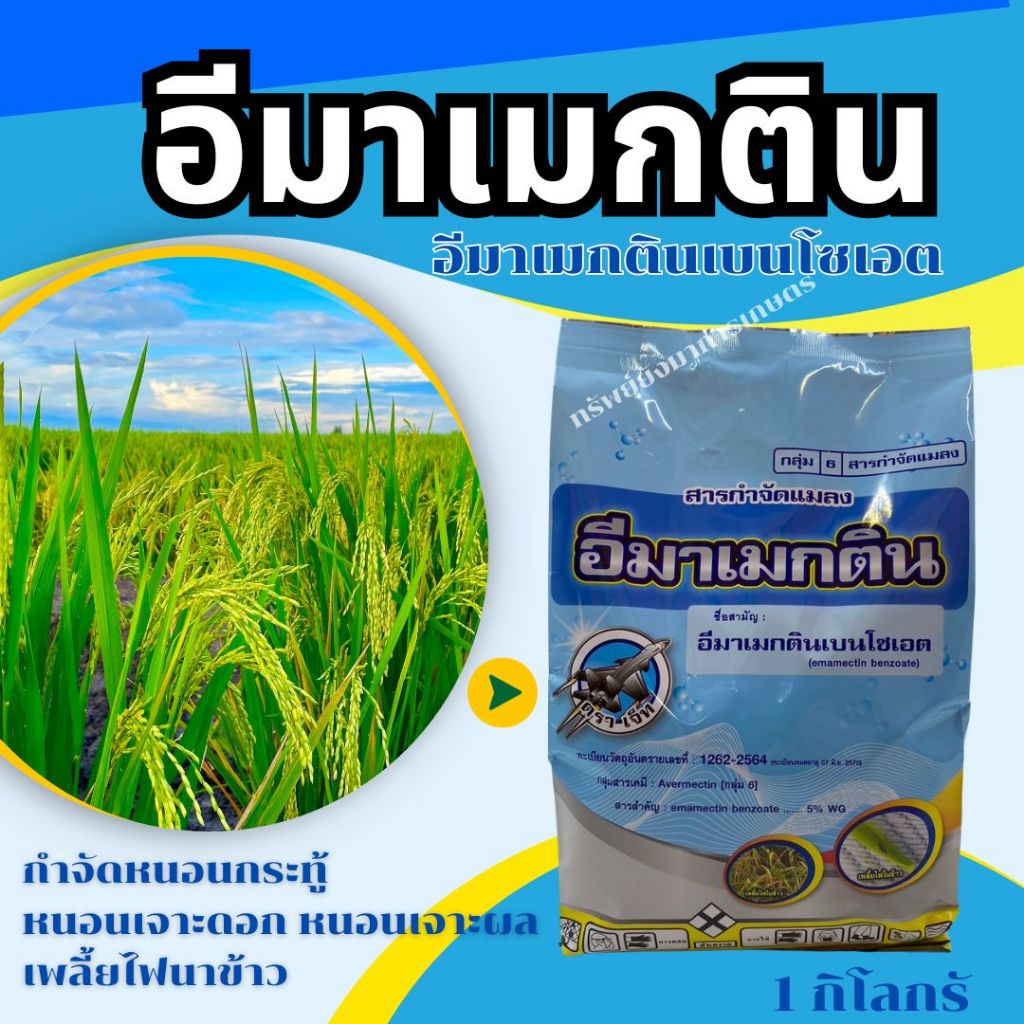 ผลิต 30/8/67 อีมาเมกติน เบนโซเอต 5% ขนาด1 กิโลกรัม กำจัดหนอนกระทู้  หนอนเจาะดอก หนอนเจาะผล เพลี้ยไฟนาข้าว