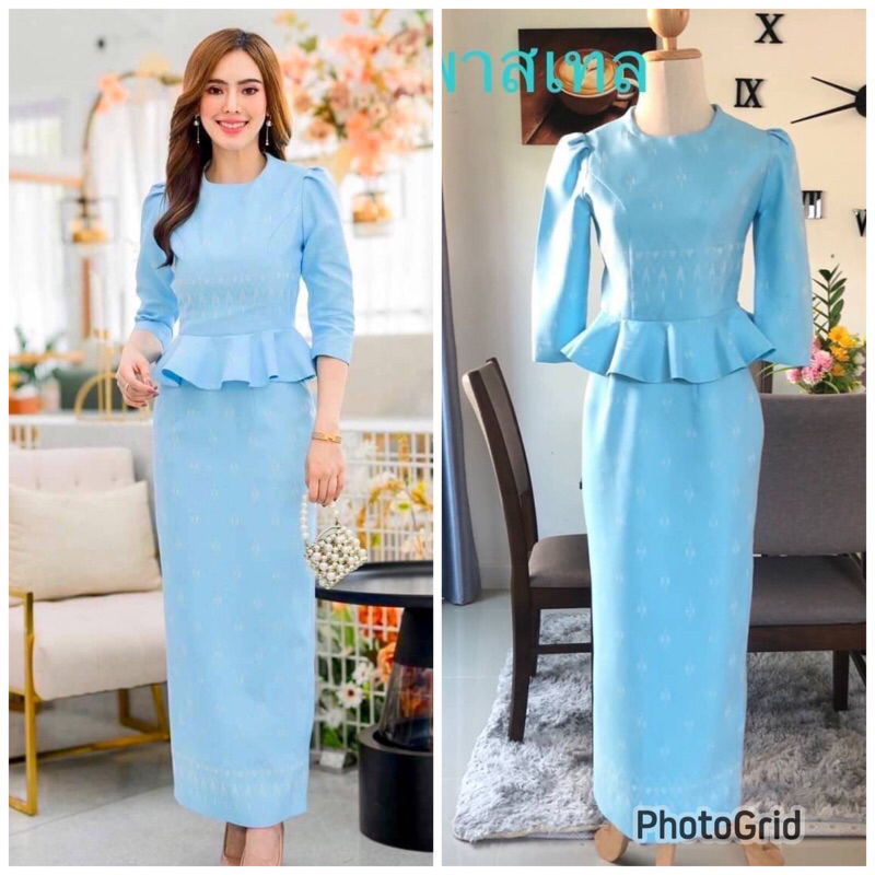 ชุดไทยผ้าฝ้ายผสมใยไหมทอลายสีฟ้าพาสเทล รบกวนสอบถามสต๊อกก่อนสั่งซื้อ SPA85