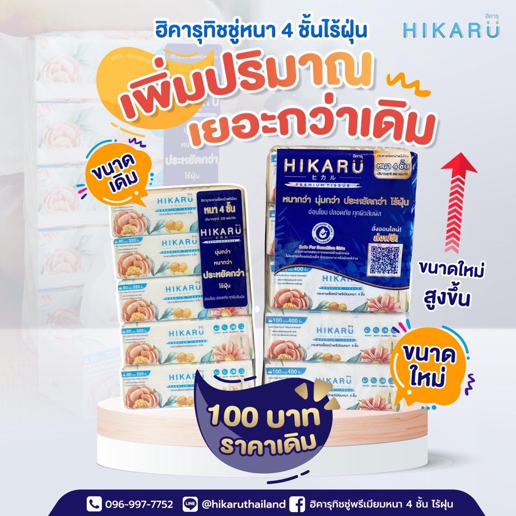(ขาย 1 หิ้ว 5 ห่อ) HIKARU ฮิคารุทิชชู่พรีเมียมหนา 4 ชั้น ไร้ฝุ่น 1 แพ็คหูหิ้วมี 5 ห่อ ปรับขนาดใหม่ ใหญ่กว่าเดิม