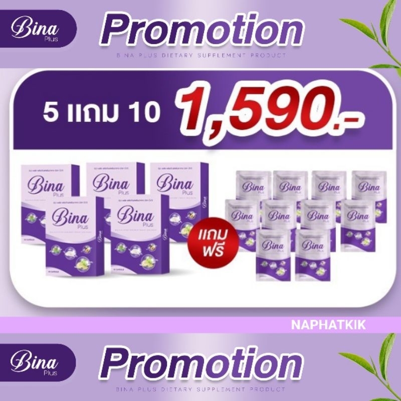 ส่งฟรี เซ็ต 5 กล่องแถม 10 ซอง Bina Plus บีน่า พลัส ของแท้ Munmaung