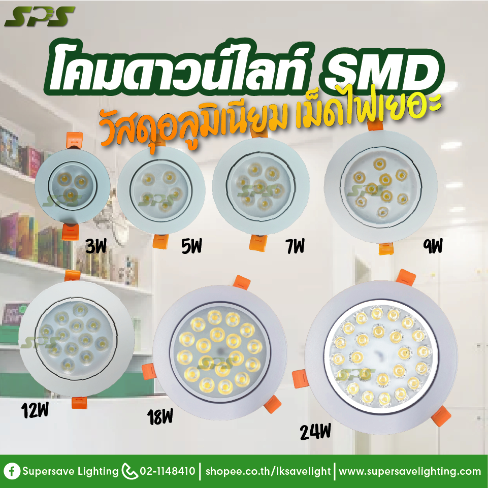โคมไฟฝังฝ้า ดาวน์ไลท์ Downlight LED Body white หน้าขาว ทรงกลม 3w 7w 12w 18w โคมปรับองศาได้