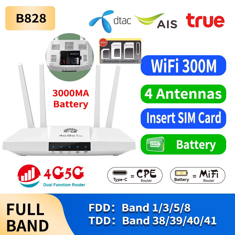 4GRouter เราเตอร์4เสาใส่ซิม 300Mbps มีแบตในตัว3000AHM รองรับ,4G 5G ชาร์จสายType-Cใช้ในรถ พวกพาสะดวก การใช้งานง่าย