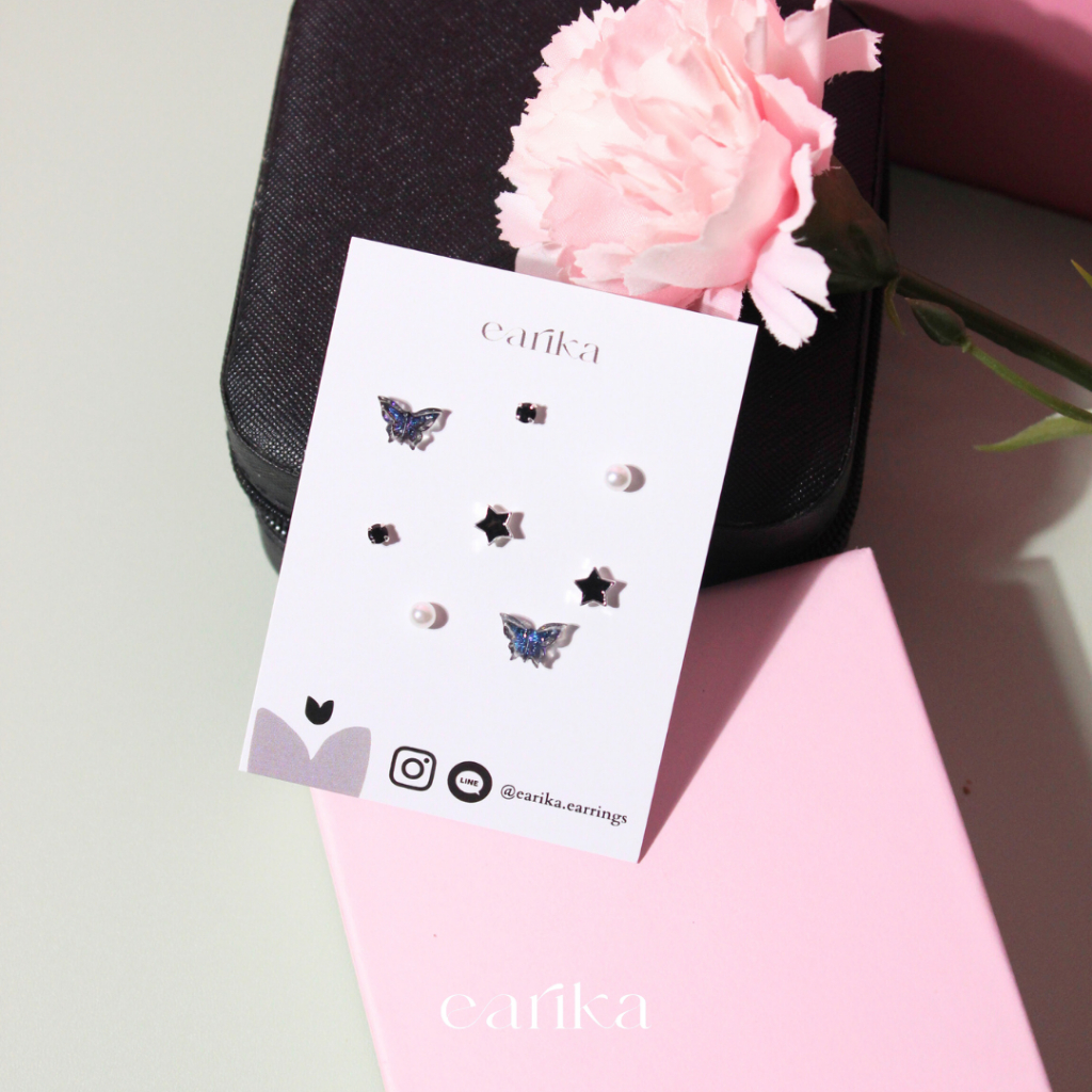 earika.earrings - black swallowtail set เซ็ตต่างหูผีเสื้อสีดำ ก้านเงินแท้ชุบทองคำขาว เหมาะสำหรับคนแพ้ง่าย