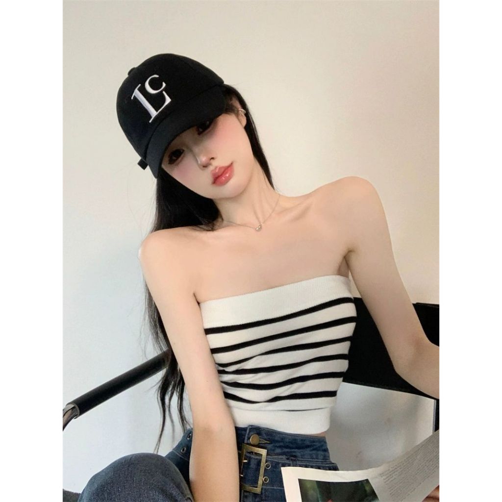 พร้อมส่ง เสื้อเกาะอกไหมพรม ลายทาง สวมใส่สบาย ผ้านิ่้มสบาย #60292 - รูปที่ 6