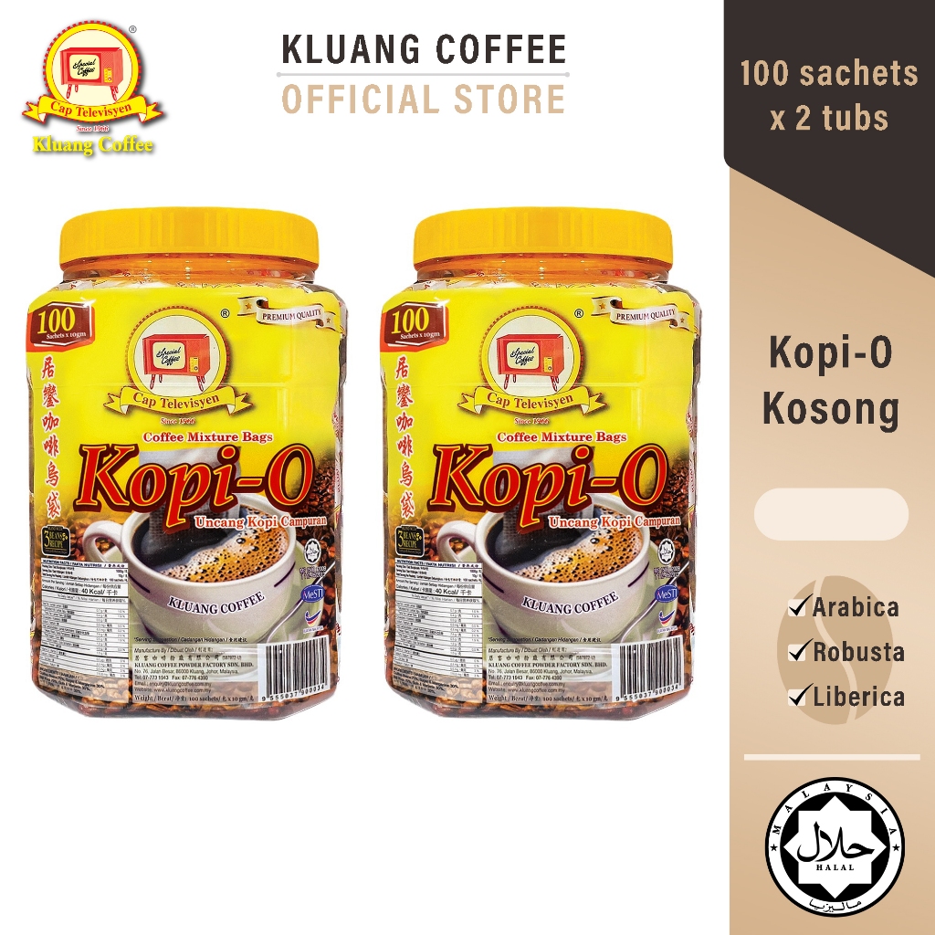 Kluang Black Coffee Cap Televisyen Kopi-O Kosong (100 sachets x 2 tubs) กาแฟดำ (100 ซอง x 2 อ่าง)