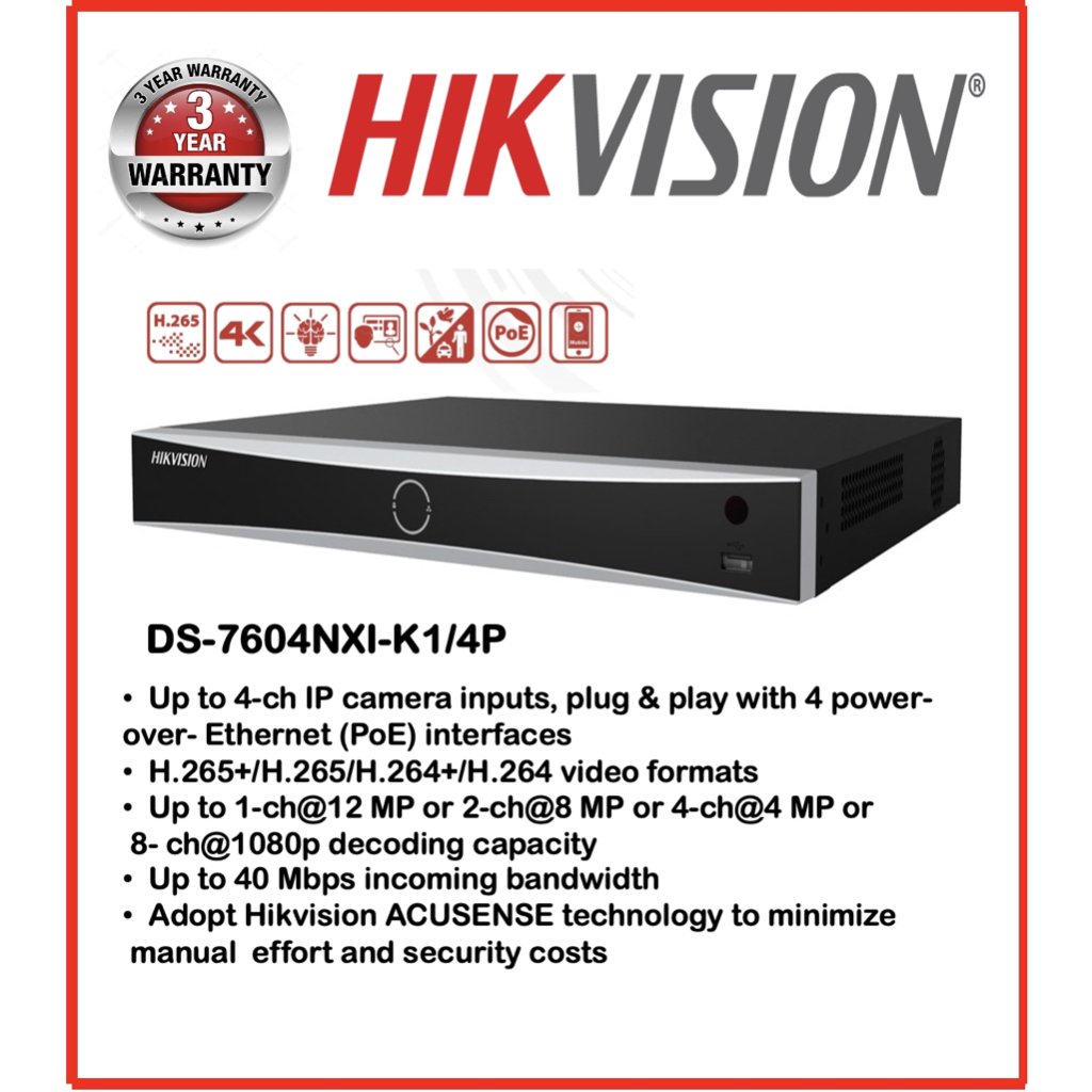 NVR HIKVISION รุ่น DS-7204NXI-K1/4P NVR 4CH สินค้าพร้อมส่ง จัดส่งด่วน