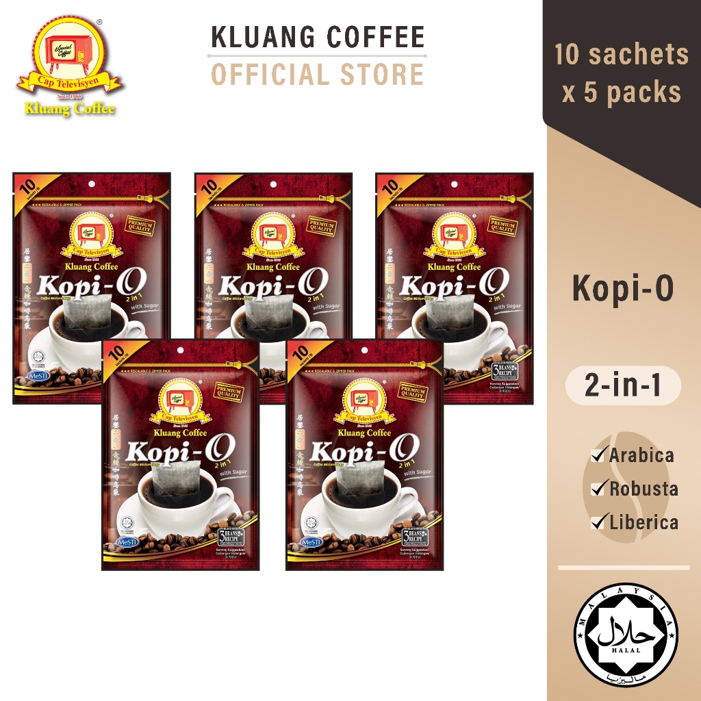 Kluang Black Coffee Cap Televisyen Kopi-O 2in1 + Sugar (10 sachet x 5 pack) กาแฟดำ 2in1 + น้ำตาล (10