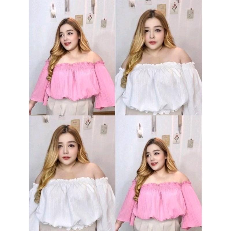 เสื้อผ้าคนอ้วน อก42-54 ยาว17 เฉพาะตัวเสื้อ ""ใหญ่พิเศษ '''คนอ้วนใส่สวยมาก**รุ่นครอปเปิดไหล่ ผ้าด๊อบบี้) รุ่นนี้แขนสั้น