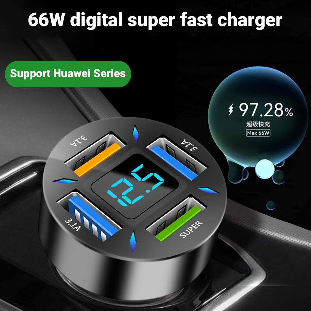 ที่ชาร์จในรถ 4พอร์ต  ที่ชาร์จเสียบที่จุดบุหรี่ 66W อะแดปเตอร์ DC 12V-24V QC 3.0 USB Quick Car Charger PD ที่ชาร์จแบตในรถ