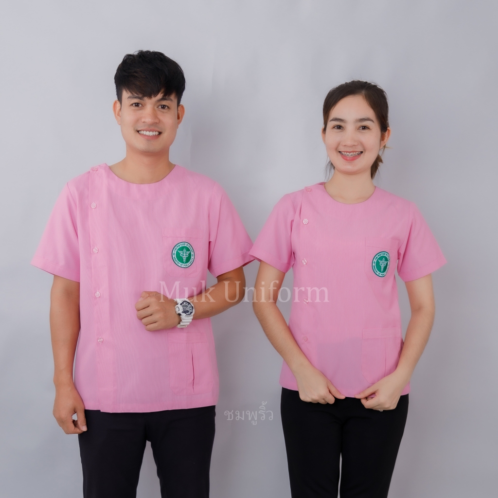 ( Live 11.30 - 13.00 น.ทุกวัน ) เสื้อกาวน์ คอกลม  แขนยาว ฟ้าริ้ว ฟ้า-ขาว  ตรากระทรวงสาธารณสุข มุกยูนิฟอร์ม
