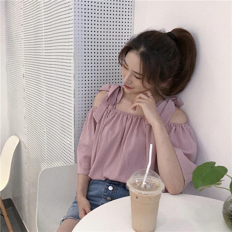 พร้อมส่ง GR028 เสื้อปาดไหล่ผูกโบว์ทรงหลวมสีพาสเทล สไตล์เกาหลีหวานๆ - รูปที่ 2