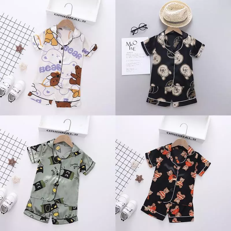ชุดนอนเด็กผ้าซาติน เสื้อแขนสั้น+กางเกงขาสั้น ไซส์ 80-110 ร้านไทย พร้อมส่ง