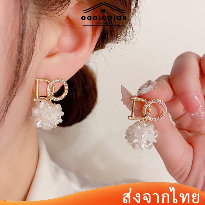 พร้อมส่ง❤️ต่างหูตัวอักษรภาษาอังกฤษใหม่S925เงินสเตอร์ลิงขาวดอกไม้ผู้หญิงเครื่องประดับหู.COD