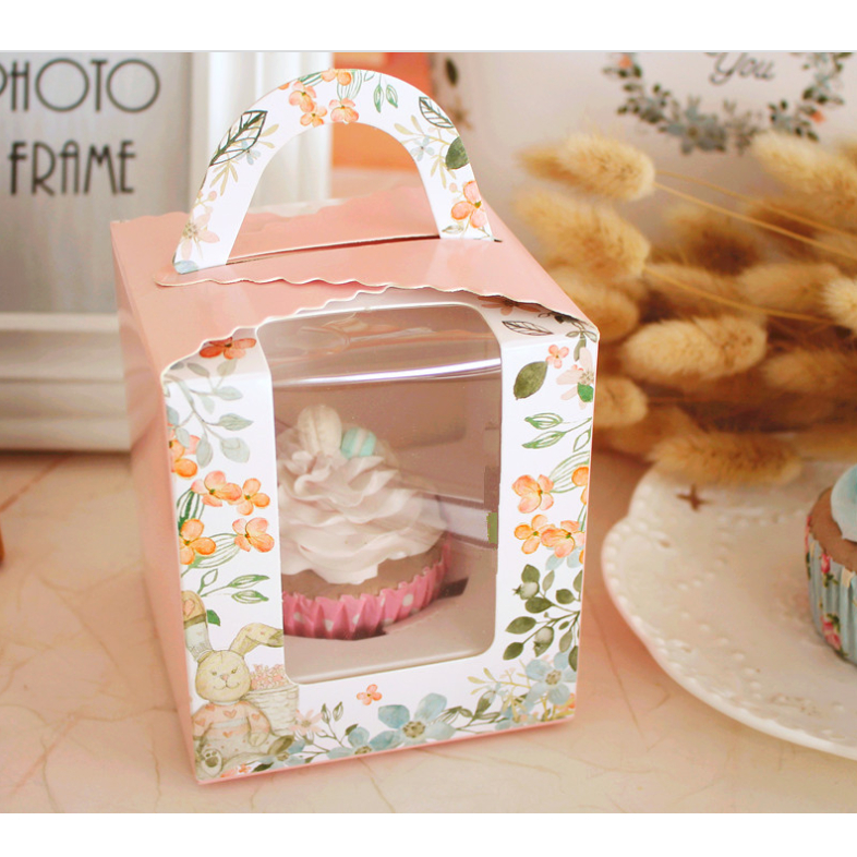 BH กล่องเบเกอร์รี่ ใส่ขนมคัพเค้ก หน้าพลาสติกใส เบเกอร์รี่ แถมฐานรอง ลายกระต่าย ดอกไม้ สีชมพู น่ารัก พร้อมส่ง
