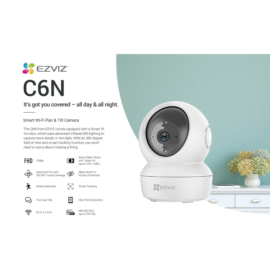 EZVIZ C6N กล้องวงจรปิดระบบ IP WIFI 2MP มีไมค์และลำโพงในตัว, มีช่องใส่ MicroSD Card เลือกสีกล้องขาว-ดำได้