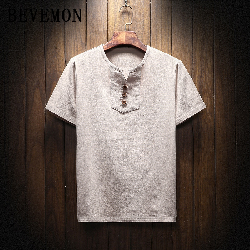 ผ้าฝ้ายแขนสั้นฤดูร้อนระบายอากาศคอตั้งผ้าฝ้ายลินิน T-Shirt M-5XL