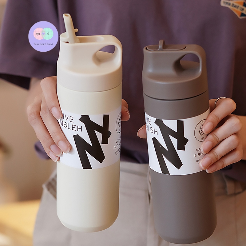 R66 ขวดน้ำ มีหูหิ้ว วัสดุสแตนเลส 304 แถมหลอด 550ml เก็บความร้อนความเย็น