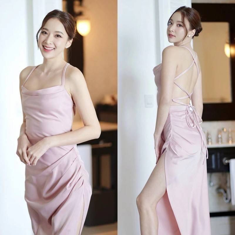 Sakura.official 311/G-H#เดรสสายเดียวคอถ่วง(เว้าหลังเเต่งสายใขว่หลัง#เดรสออกงานผ่าข้าง