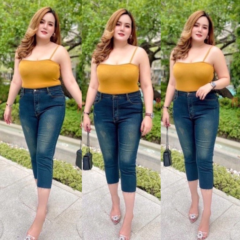 D908มีไซส์34-44กางเกงยีนต์ผ้ายืดขา7ส่วนเอวสูงปี๊ดสาวอวบอ้วน