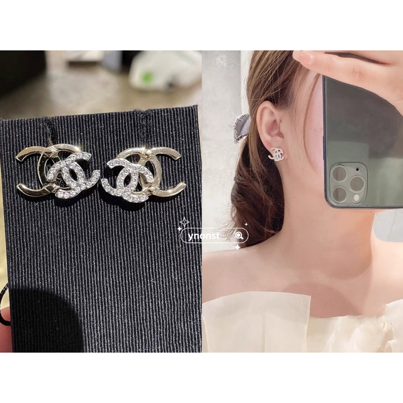 💯  ของแท้ CHANEL ต่างหูคลาสสิกสีทองเงิน CC Rhinestone Splice ต่างหูสตั๊ด