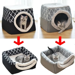 【PMT】ถ้ำแมว บ้านน้องหมา ที่นอนสัตว์เลี้ยง อุ่นกึ่งปิด บ้านแมวพับได้ 2 in 1L/XL (ภายใน 5/8 กก) COD