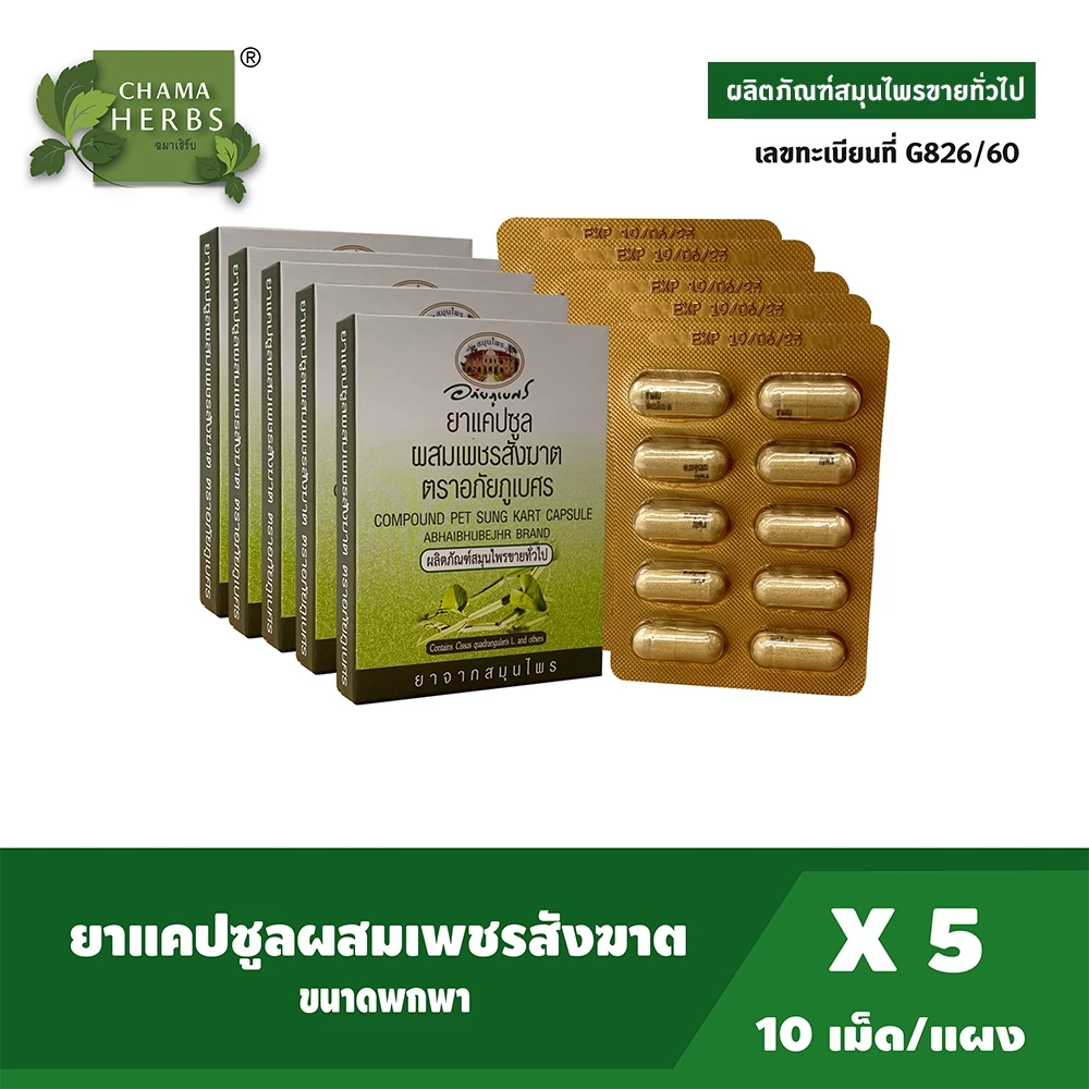 อภัยภูเบศร เพชรสังฆาต ขนาดพกพา บรรจุ 10 แคปซูล / แผง แพ็ค 5 กล่อง ยาสามัญประจำบ้าน