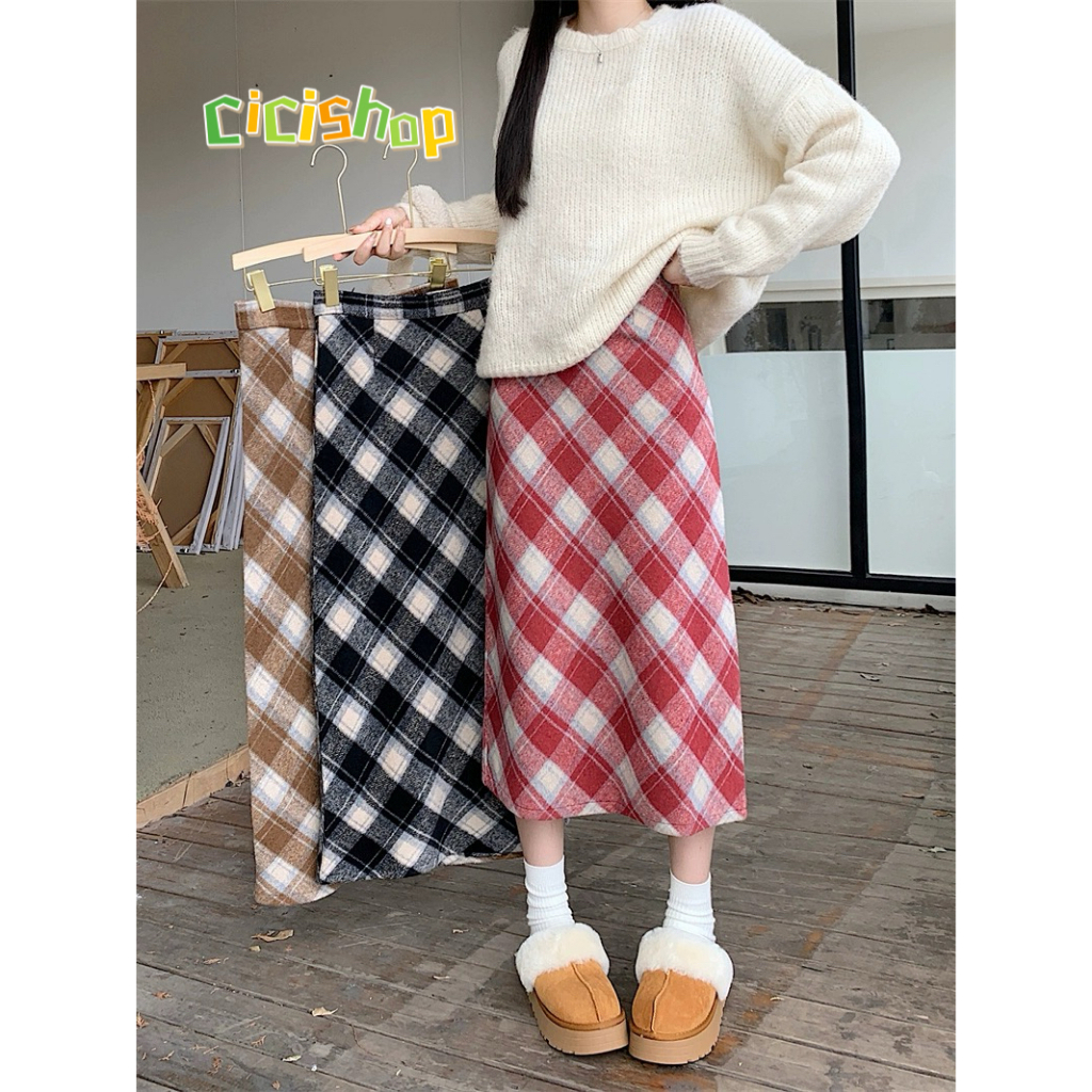 Cicishop(805)กระโปรงยาวทรงเอ ผ้าไหมพรมหนา มีซับด้านใน ดีเทลซิปรูดด้านหลัง สไตล์เกาหลี